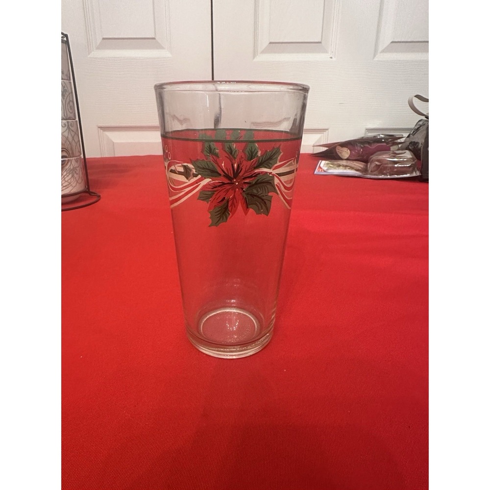 Set of Six Poinsettia Heavy Clear Glass Christmas Cups